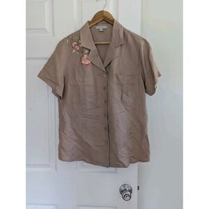 Bogari Tan Floral Embroidered Shirt 100% Linen Women's Lg Western Boho Button Up